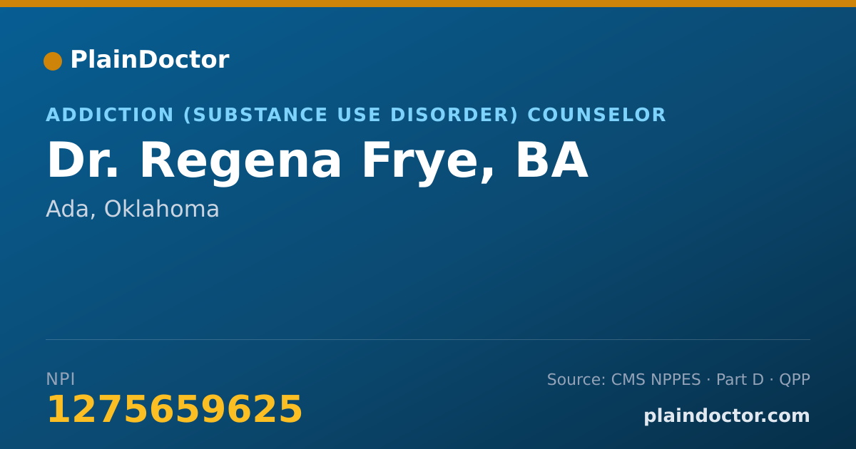 Shareable card for Regena Frye, BA - Addiction (Substance Use Disorder) Counselor, Ada, OK