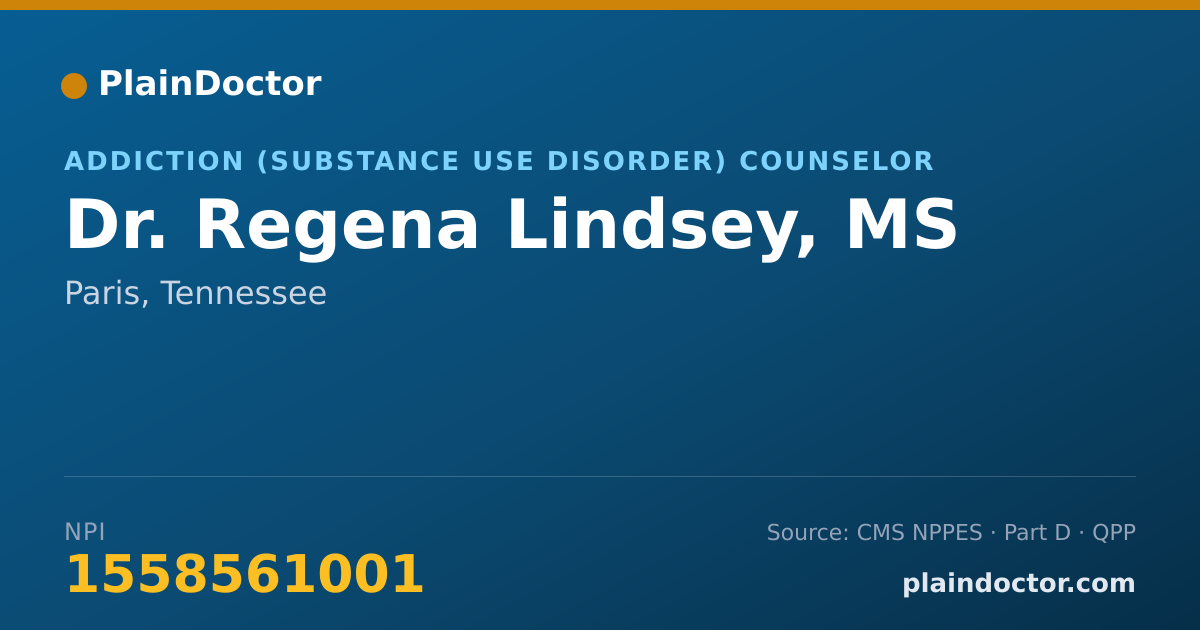 Shareable card for Regena Lindsey, MS - Addiction (Substance Use Disorder) Counselor, Paris, TN