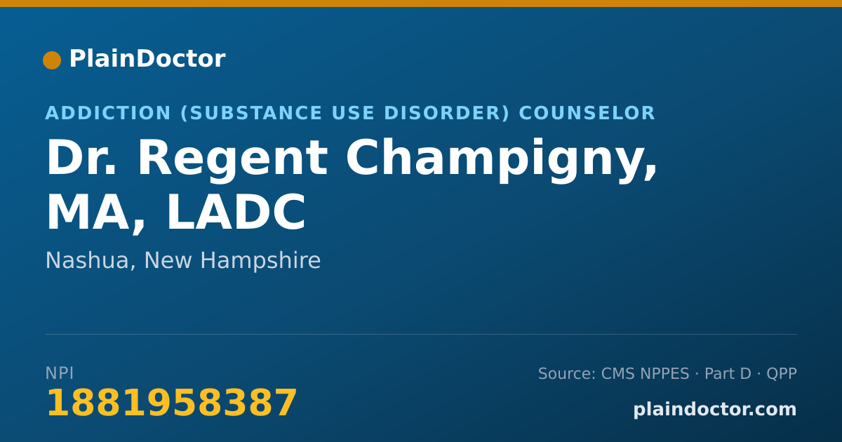 Shareable card for Regent Champigny, MA, LADC - Addiction (Substance Use Disorder) Counselor, Nashua, NH
