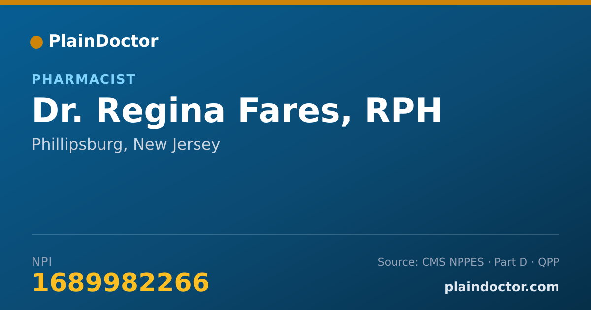 Shareable card for Regina Fares, RPH - Pharmacist, Phillipsburg, NJ