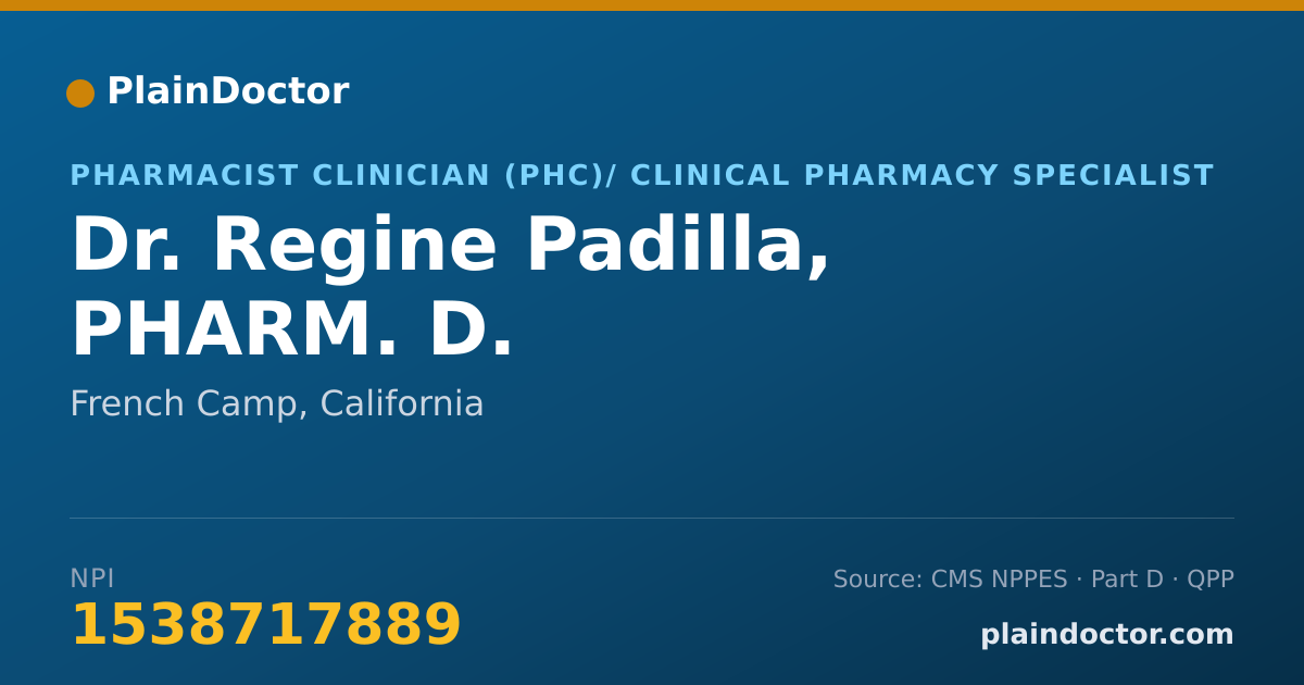 Shareable card for Regine Padilla, PHARM. D. - Pharmacist Clinician (PhC)/ Clinical Pharmacy Specialist, French Camp, CA