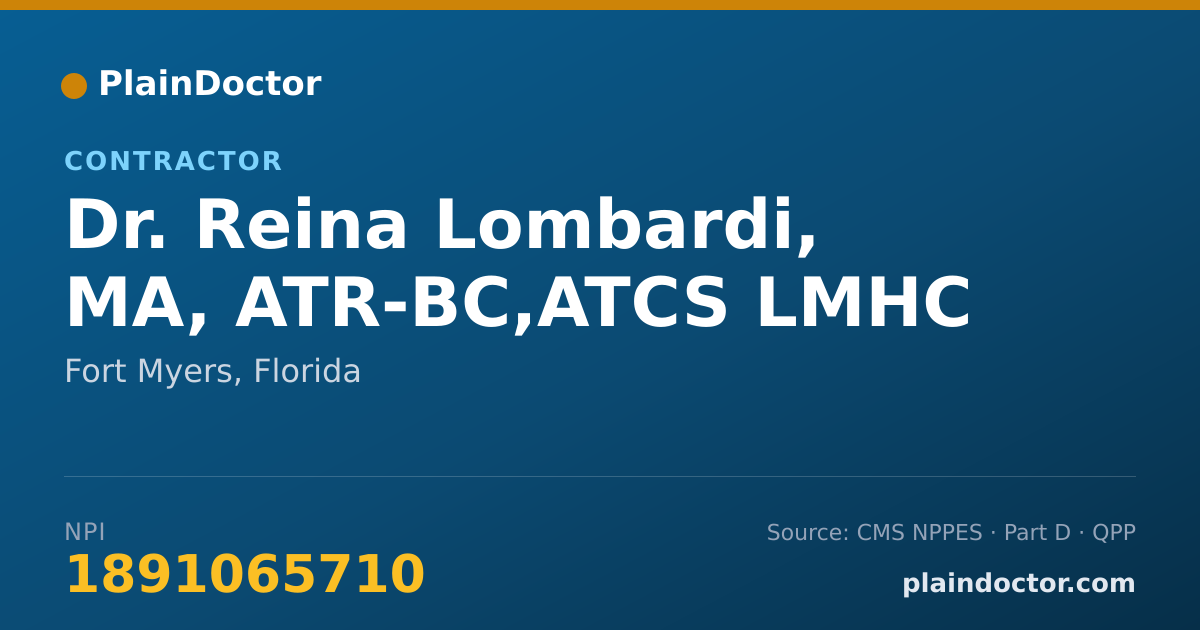 Shareable card for Reina Lombardi, MA, ATR-BC,ATCS LMHC - Contractor, Fort Myers, FL