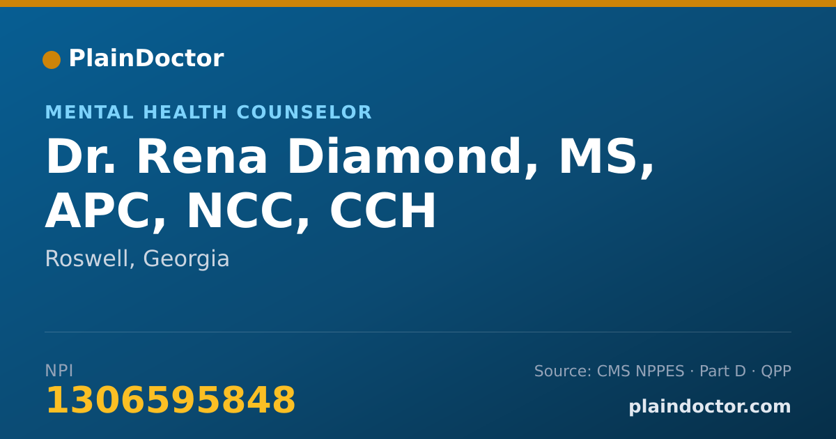 Shareable card for Rena Diamond, MS, APC, NCC, CCH - Mental Health Counselor, Roswell, GA