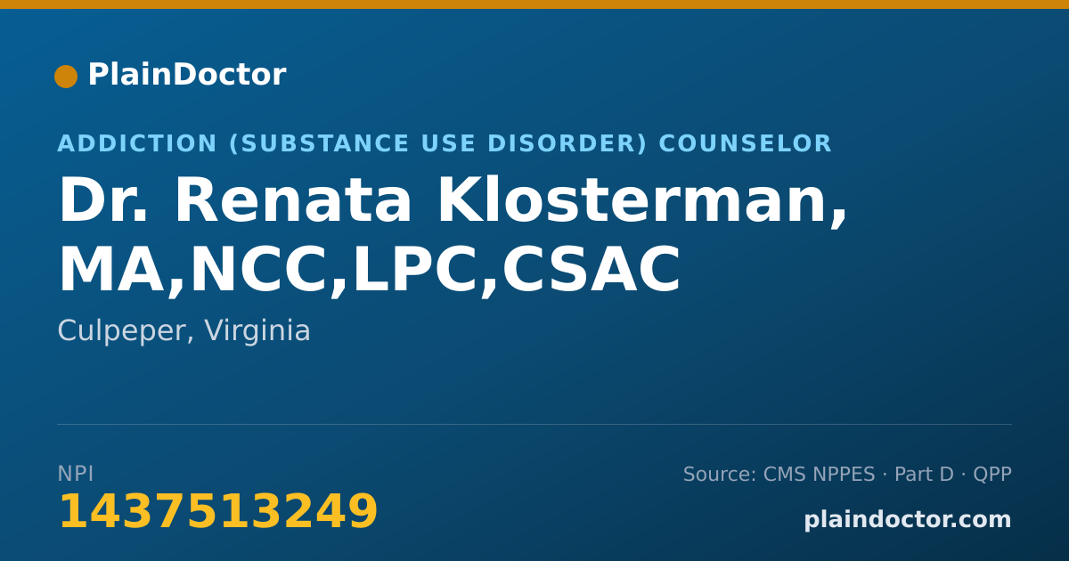 Shareable card for Renata Klosterman, MA,NCC,LPC,CSAC - Addiction (Substance Use Disorder) Counselor, Culpeper, VA