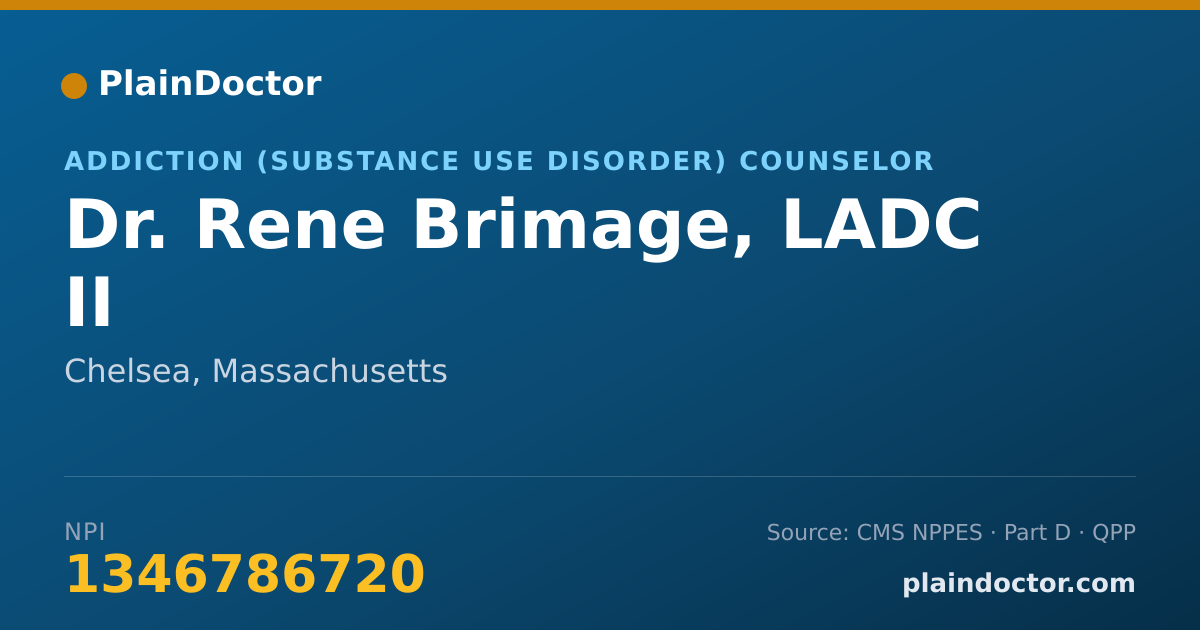 Shareable card for Rene Brimage, LADC II - Addiction (Substance Use Disorder) Counselor, Chelsea, MA