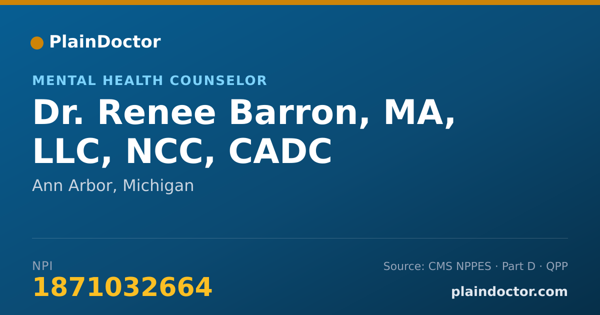 Shareable card for Renee Barron, MA, LLC, NCC, CADC - Mental Health Counselor, Ann Arbor, MI