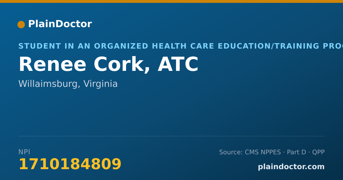 Shareable card for Renee Cork, ATC - Student in an Organized Health Care Education/Training Program, Willaimsburg, VA