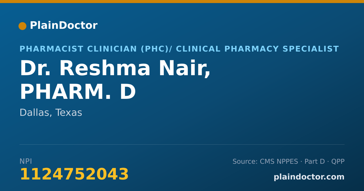 Shareable card for Reshma Nair, PHARM. D - Pharmacist Clinician (PhC)/ Clinical Pharmacy Specialist, Dallas, TX