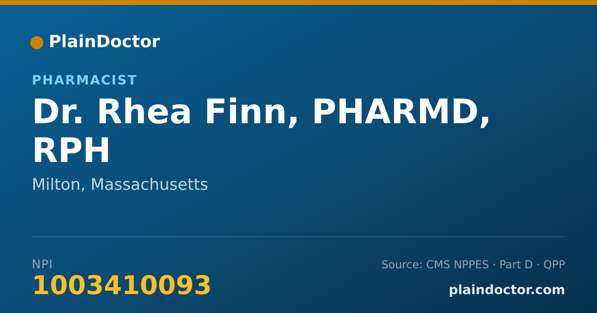 Shareable card for Rhea Finn, PHARMD, RPH - Pharmacist, Milton, MA