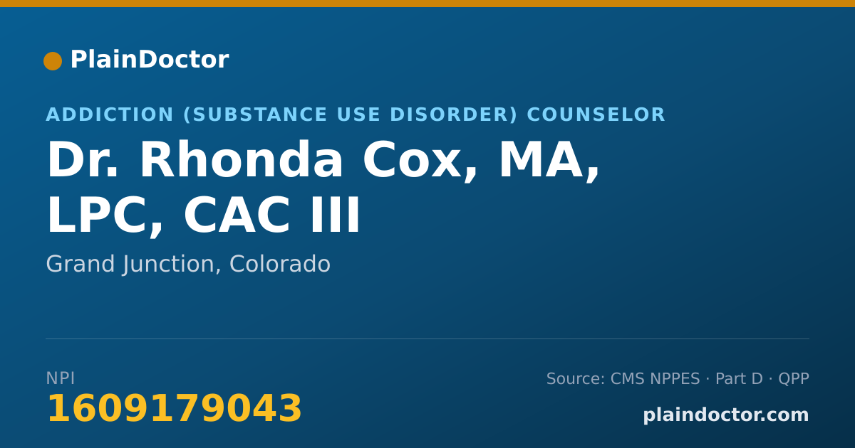 Shareable card for Rhonda Cox, MA, LPC, CAC III - Addiction (Substance Use Disorder) Counselor, Grand Junction, CO