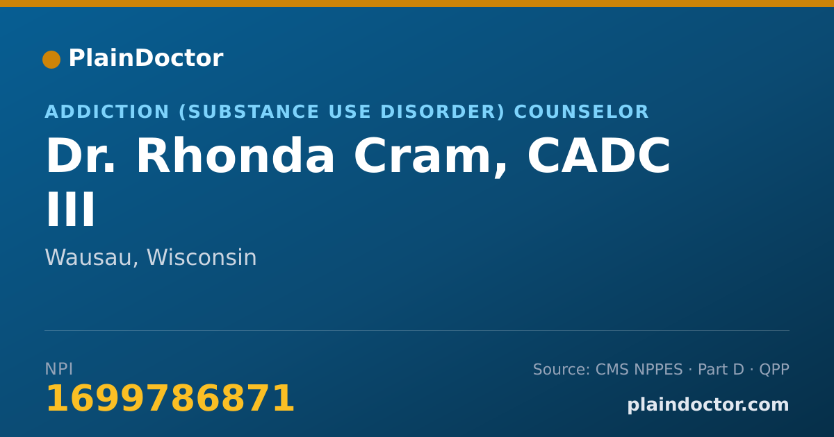 Shareable card for Rhonda Cram, CADC III - Addiction (Substance Use Disorder) Counselor, Wausau, WI