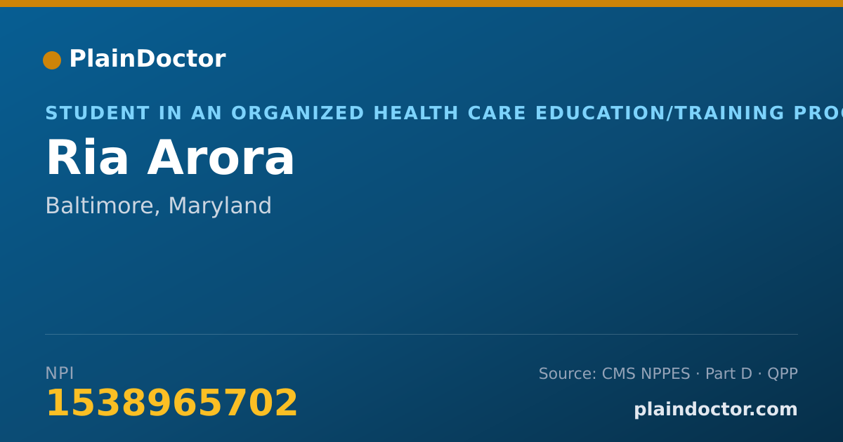 Shareable card for Ria Arora - Student in an Organized Health Care Education/Training Program, Baltimore, MD