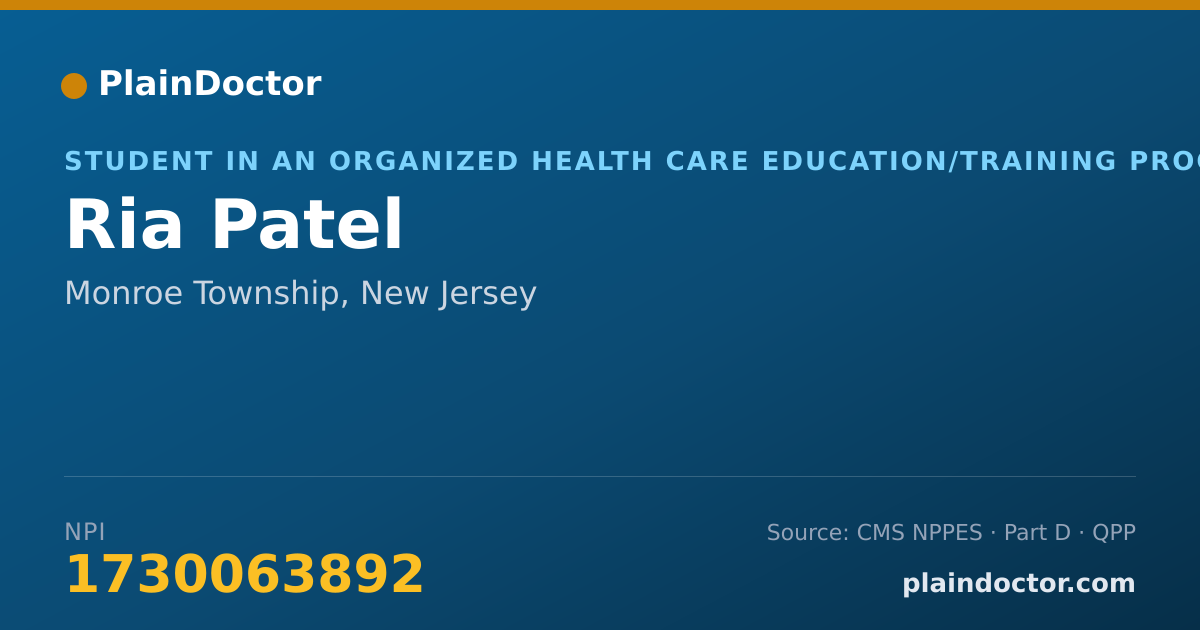 Shareable card for Ria Patel - Student in an Organized Health Care Education/Training Program, Monroe Township, NJ