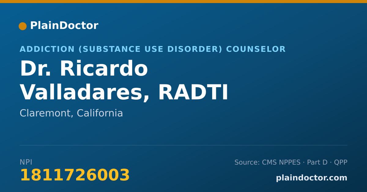 Shareable card for Ricardo Valladares, RADTI - Addiction (Substance Use Disorder) Counselor, Claremont, CA