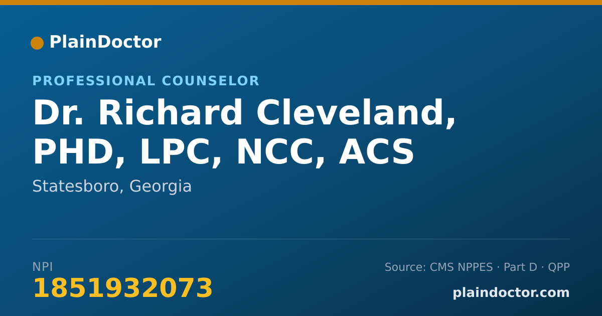 Shareable card for Richard Cleveland, PHD, LPC, NCC, ACS - Professional Counselor, Statesboro, GA