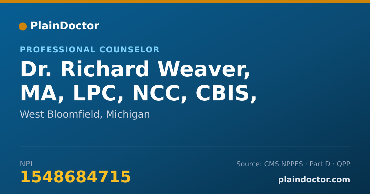 Shareable card for Richard Weaver, MA, LPC, NCC, CBIS, - Professional Counselor, West Bloomfield, MI