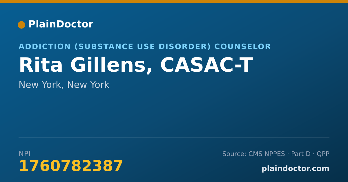Shareable card for Rita Gillens, CASAC-T - Addiction (Substance Use Disorder) Counselor, New York, NY