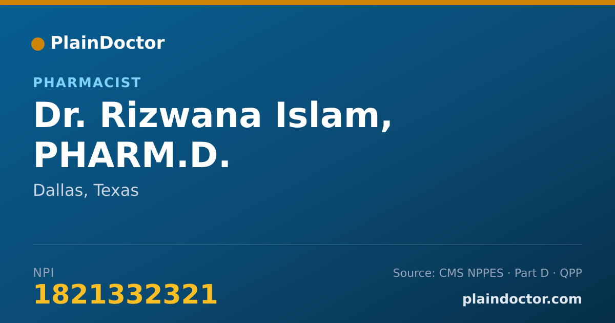 Shareable card for Rizwana Islam, PHARM.D. - Pharmacist, Dallas, TX