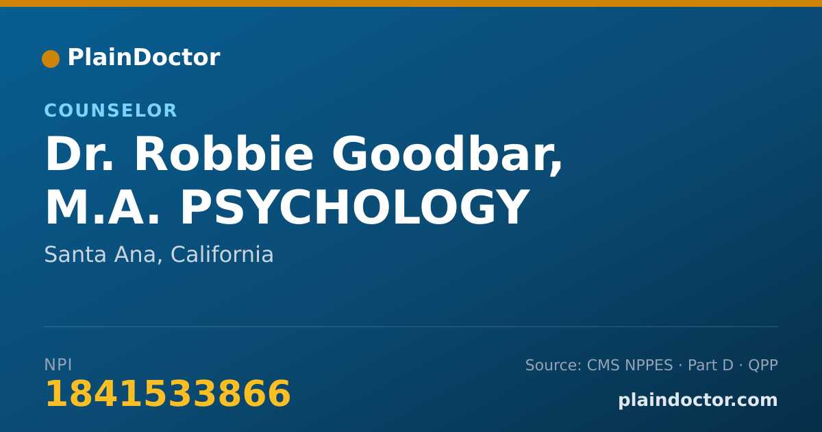 Shareable card for Robbie Goodbar, M.A. PSYCHOLOGY - Counselor, Santa Ana, CA