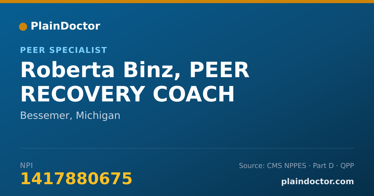 Shareable card for Roberta Binz, PEER RECOVERY COACH - Peer Specialist, Bessemer, MI