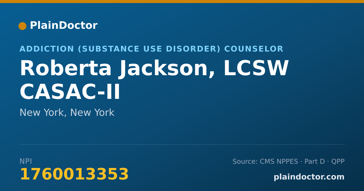 Shareable card for Roberta Jackson, LCSW CASAC-II - Addiction (Substance Use Disorder) Counselor, New York, NY
