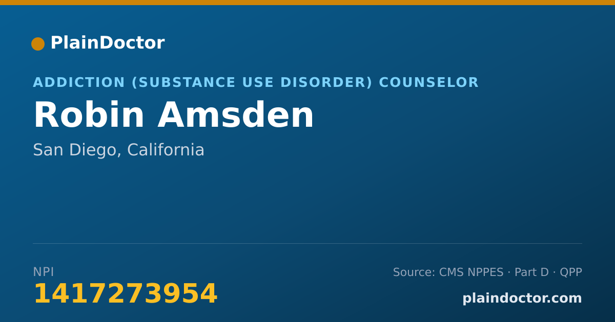 Shareable card for Robin Amsden - Addiction (Substance Use Disorder) Counselor, San Diego, CA