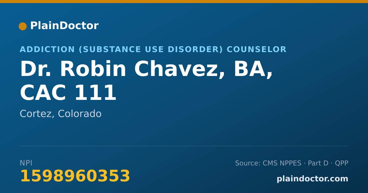 Shareable card for Robin Chavez, BA, CAC 111 - Addiction (Substance Use Disorder) Counselor, Cortez, CO