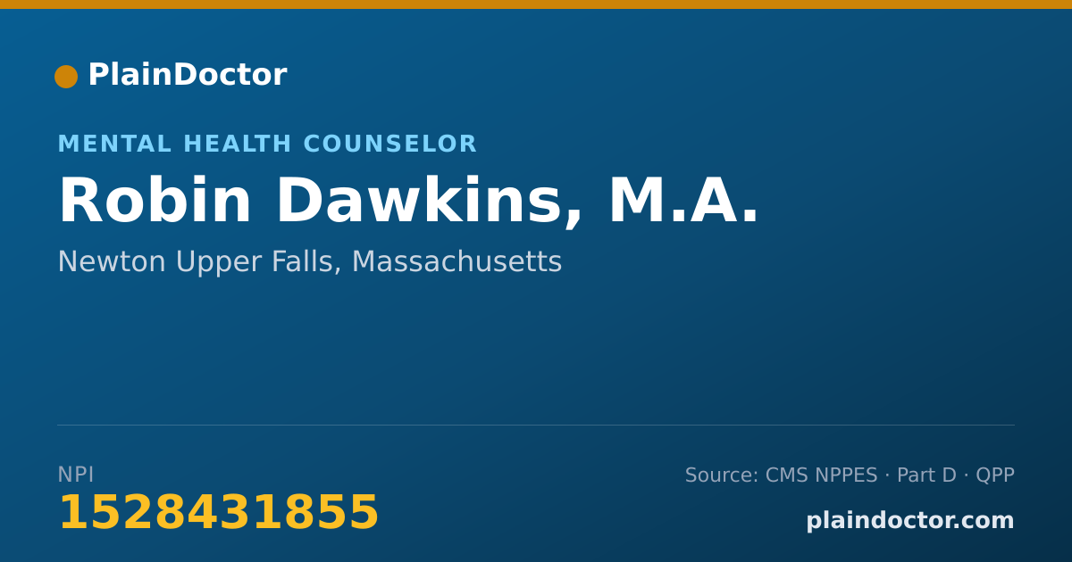 Shareable card for Robin Dawkins, M.A. - Mental Health Counselor, Newton Upper Falls, MA