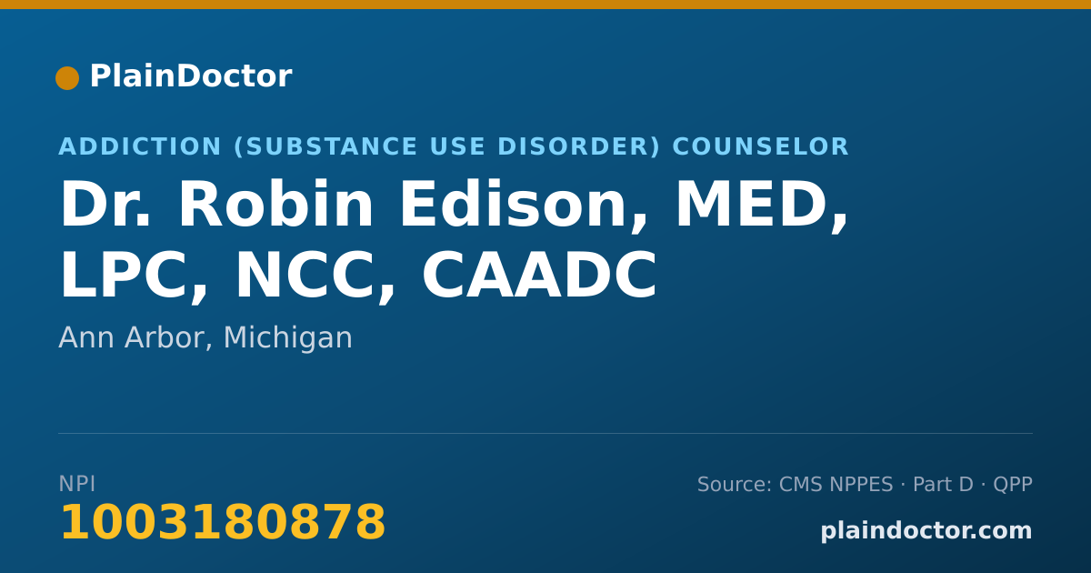 Shareable card for Robin Edison, MED, LPC, NCC, CAADC - Addiction (Substance Use Disorder) Counselor, Ann Arbor, MI