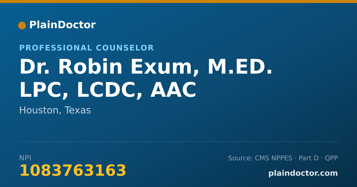 Shareable card for Robin Exum, M.ED. LPC, LCDC, AAC - Professional Counselor, Houston, TX