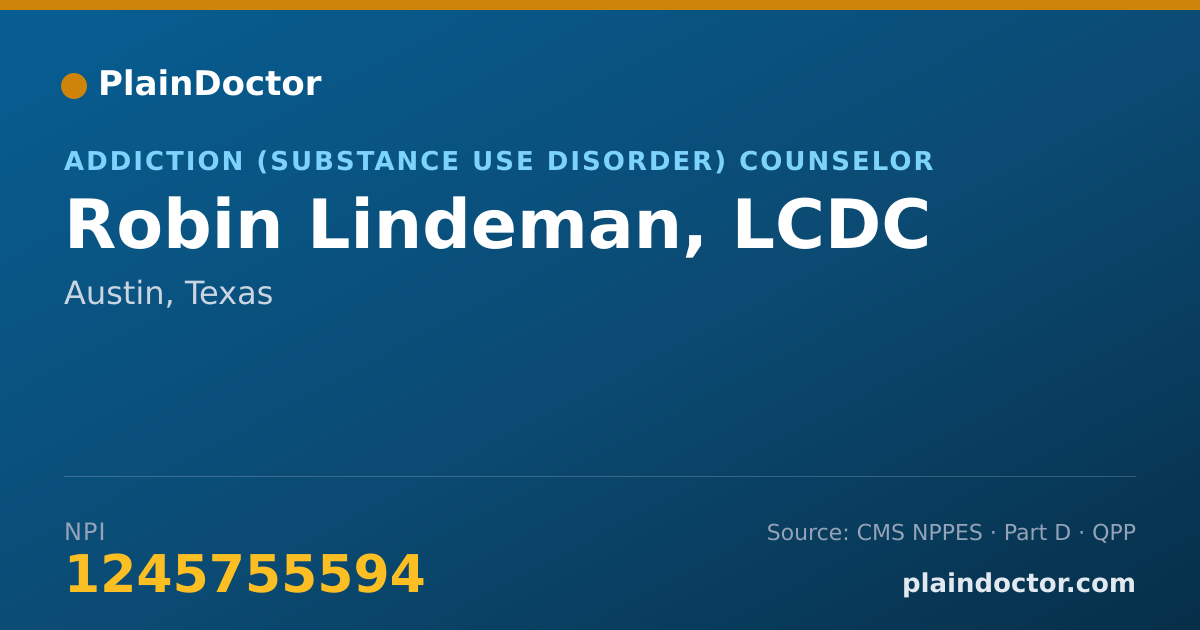 Shareable card for Robin Lindeman, LCDC - Addiction (Substance Use Disorder) Counselor, Austin, TX