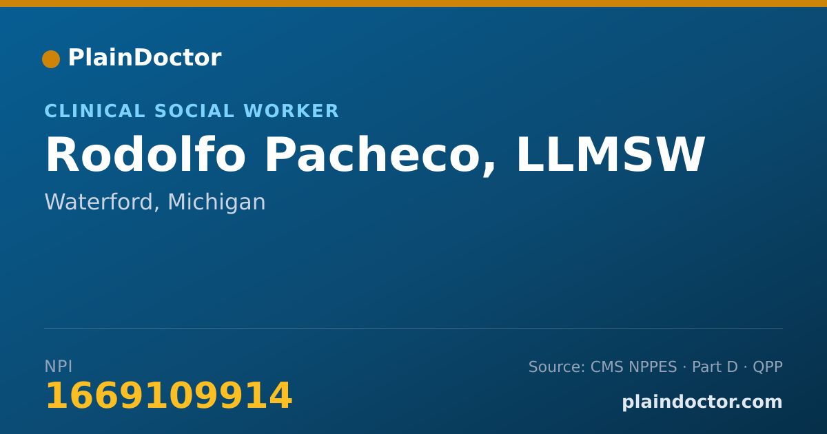 Shareable card for Rodolfo Pacheco, LLMSW - Clinical Social Worker, Waterford, MI