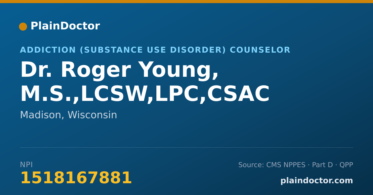 Shareable card for Roger Young, M.S.,LCSW,LPC,CSAC - Addiction (Substance Use Disorder) Counselor, Madison, WI