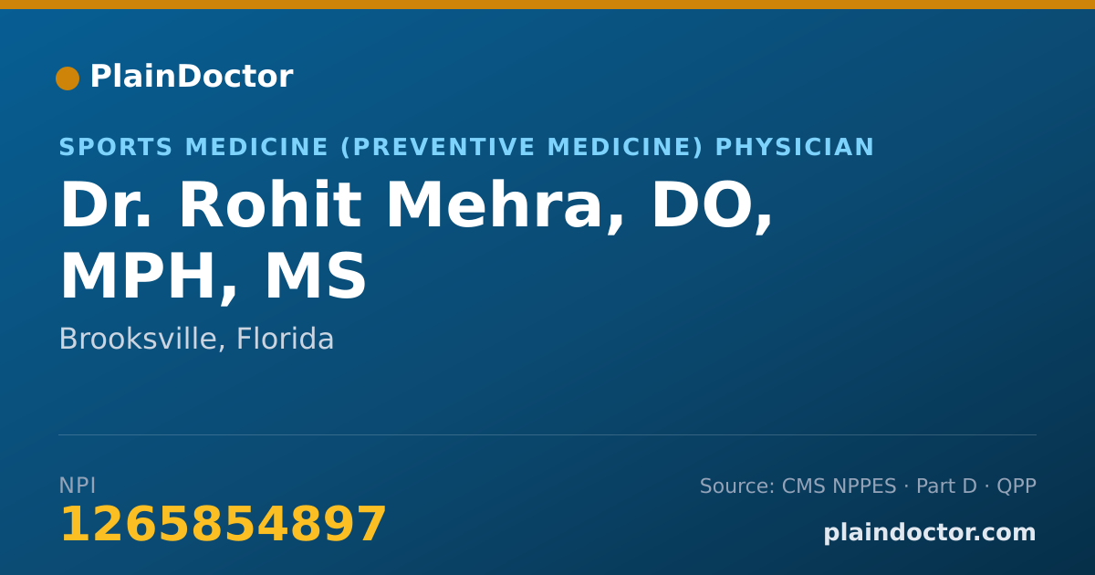 Shareable card for Rohit Mehra, DO, MPH, MS - Sports Medicine (Preventive Medicine) Physician, Brooksville, FL