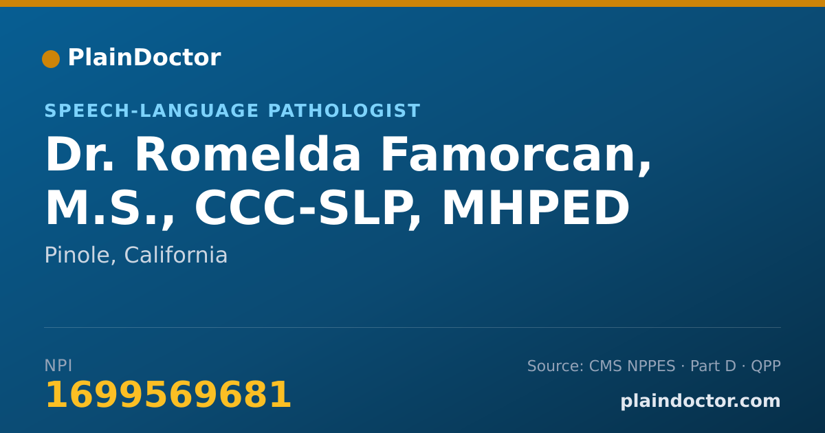 Shareable card for Romelda Famorcan, M.S., CCC-SLP, MHPED - Speech-Language Pathologist, Pinole, CA