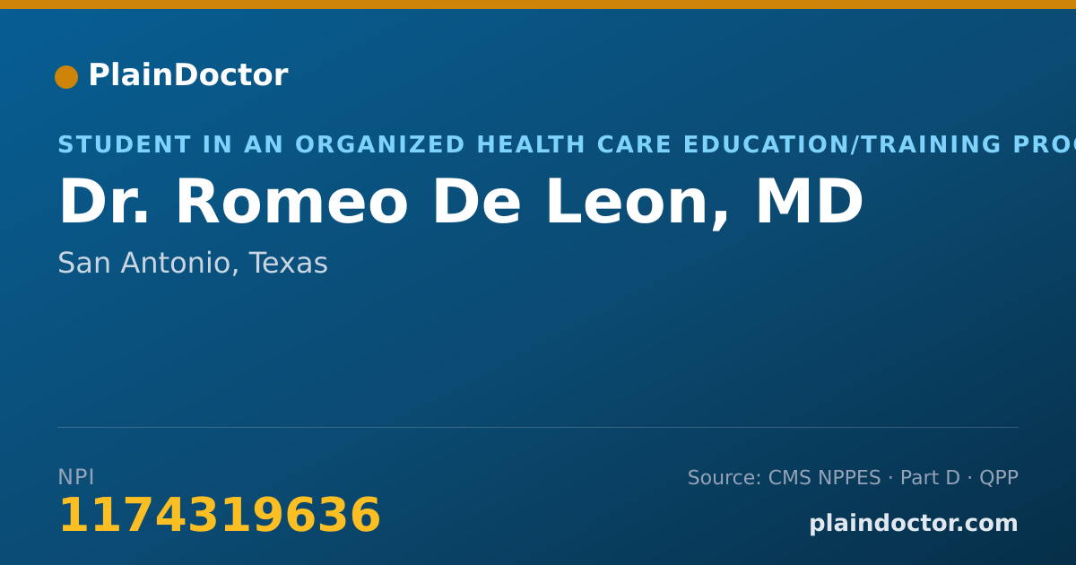 Shareable card for Romeo De Leon, MD - Student in an Organized Health Care Education/Training Program, San Antonio, TX