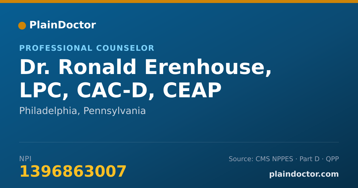 Shareable card for Ronald Erenhouse, LPC, CAC-D, CEAP - Professional Counselor, Philadelphia, PA