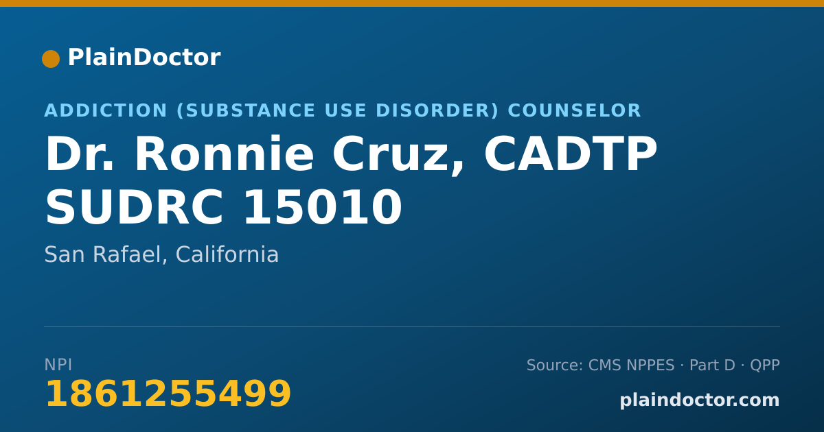 Shareable card for Ronnie Cruz, CADTP  SUDRC 15010 - Addiction (Substance Use Disorder) Counselor, San Rafael, CA