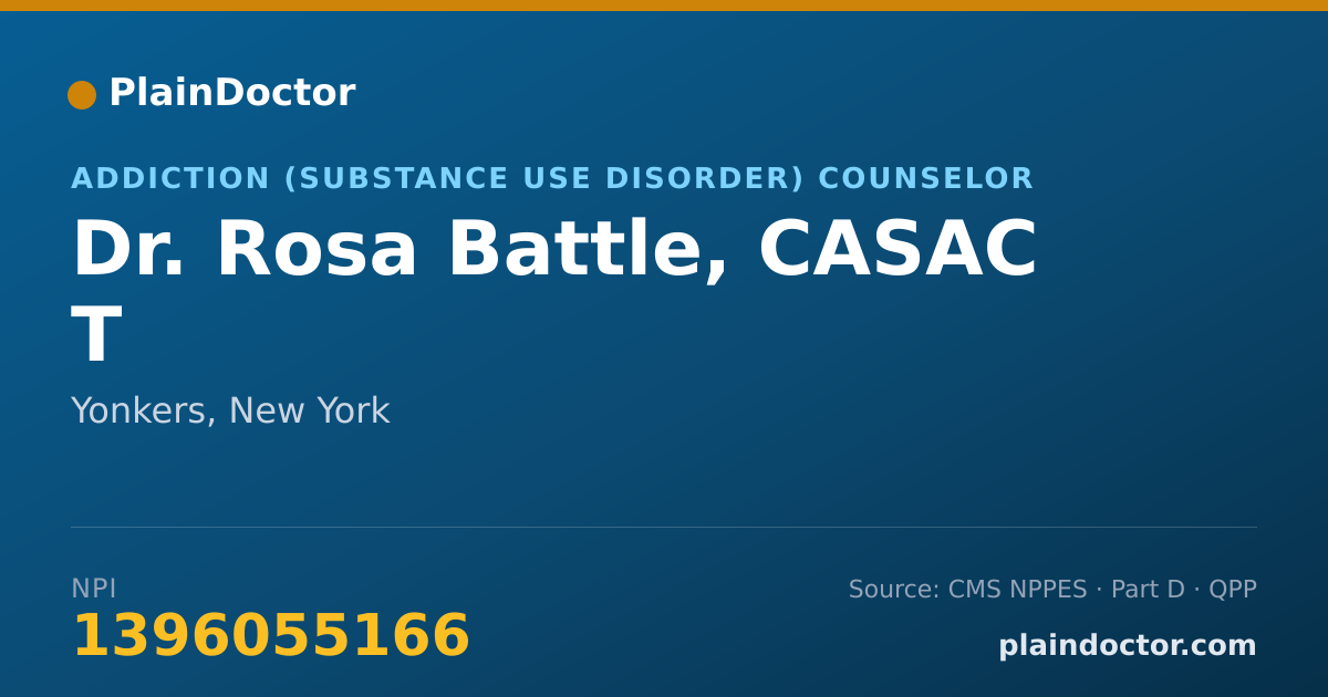Shareable card for Rosa Battle, CASAC T - Addiction (Substance Use Disorder) Counselor, Yonkers, NY