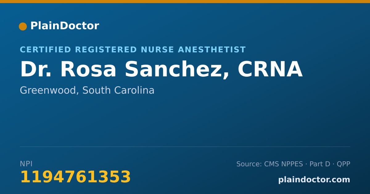 Shareable card for Rosa Sanchez, CRNA - Certified Registered Nurse Anesthetist, Greenwood, SC