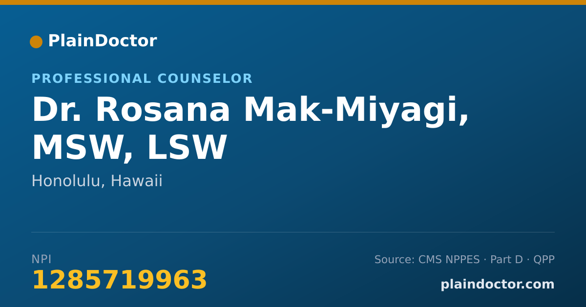 Shareable card for Rosana Mak-Miyagi, MSW, LSW - Professional Counselor, Honolulu, HI