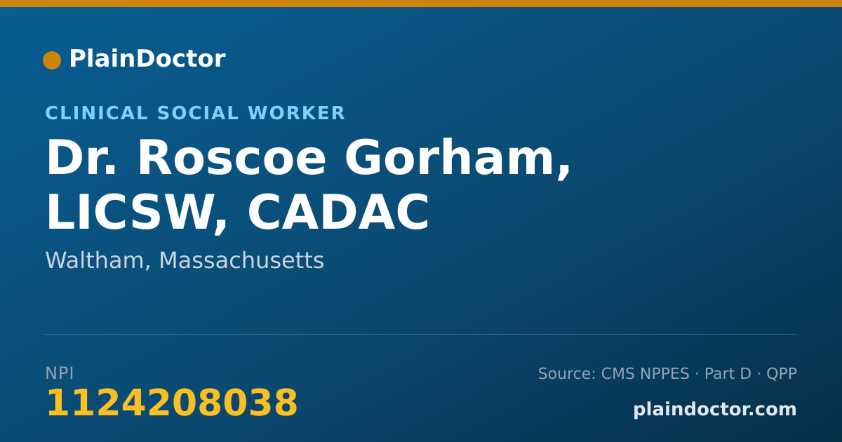 Shareable card for Roscoe Gorham, LICSW, CADAC - Clinical Social Worker, Waltham, MA