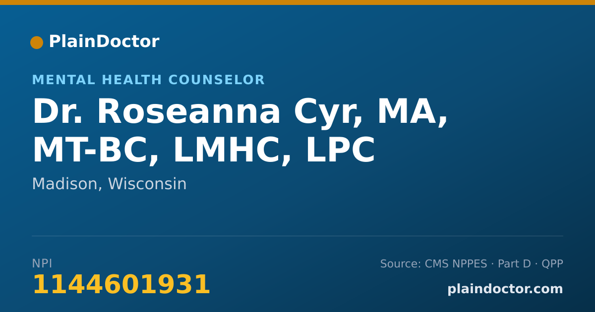 Shareable card for Roseanna Cyr, MA, MT-BC, LMHC, LPC - Mental Health Counselor, Madison, WI