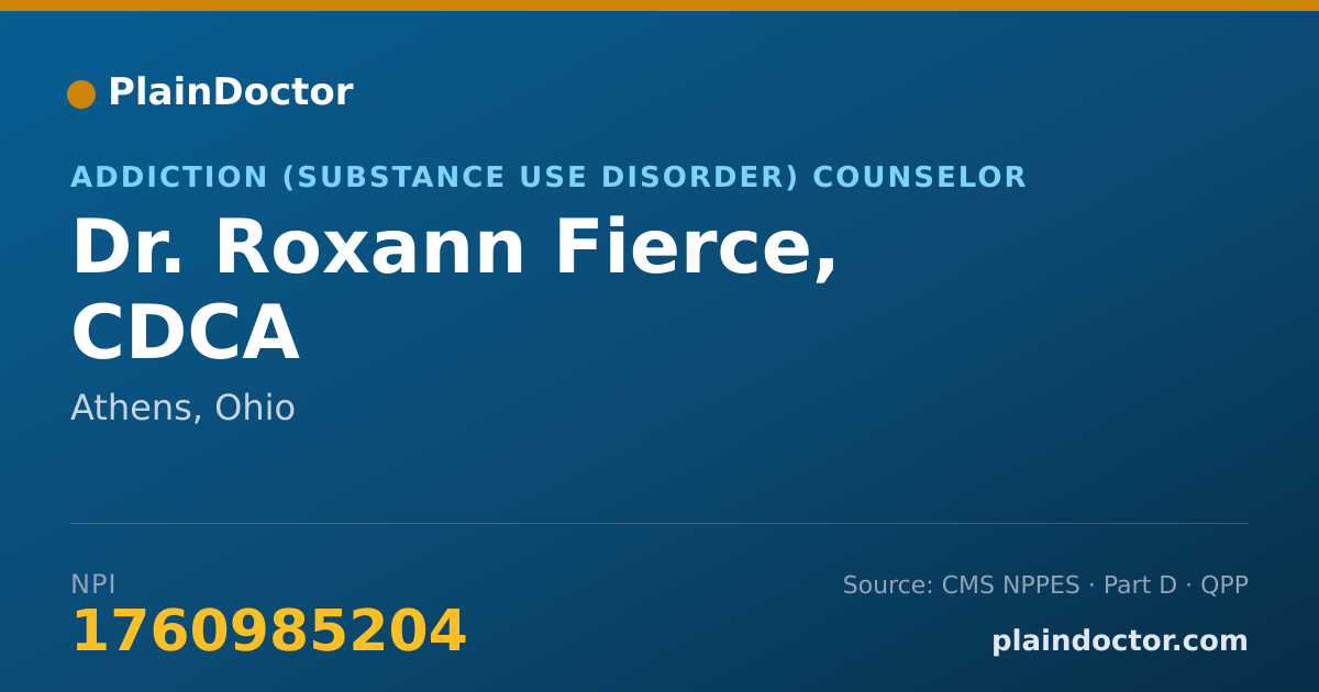 Shareable card for Roxann Fierce, CDCA - Addiction (Substance Use Disorder) Counselor, Athens, OH