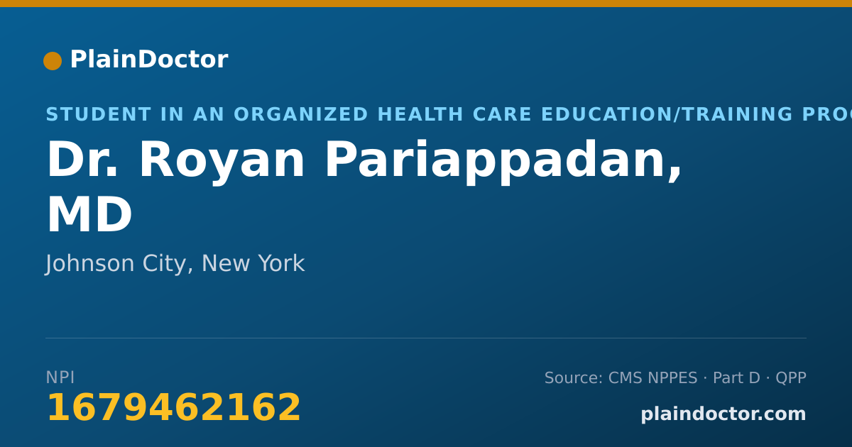 Shareable card for Royan Pariappadan, MD - Student in an Organized Health Care Education/Training Program, Johnson City, NY