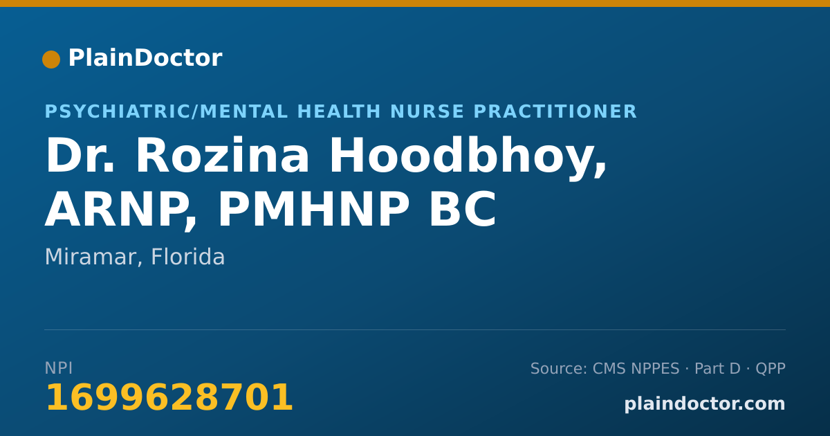 Shareable card for Rozina Hoodbhoy, ARNP, PMHNP BC - Psychiatric/Mental Health Nurse Practitioner, Miramar, FL