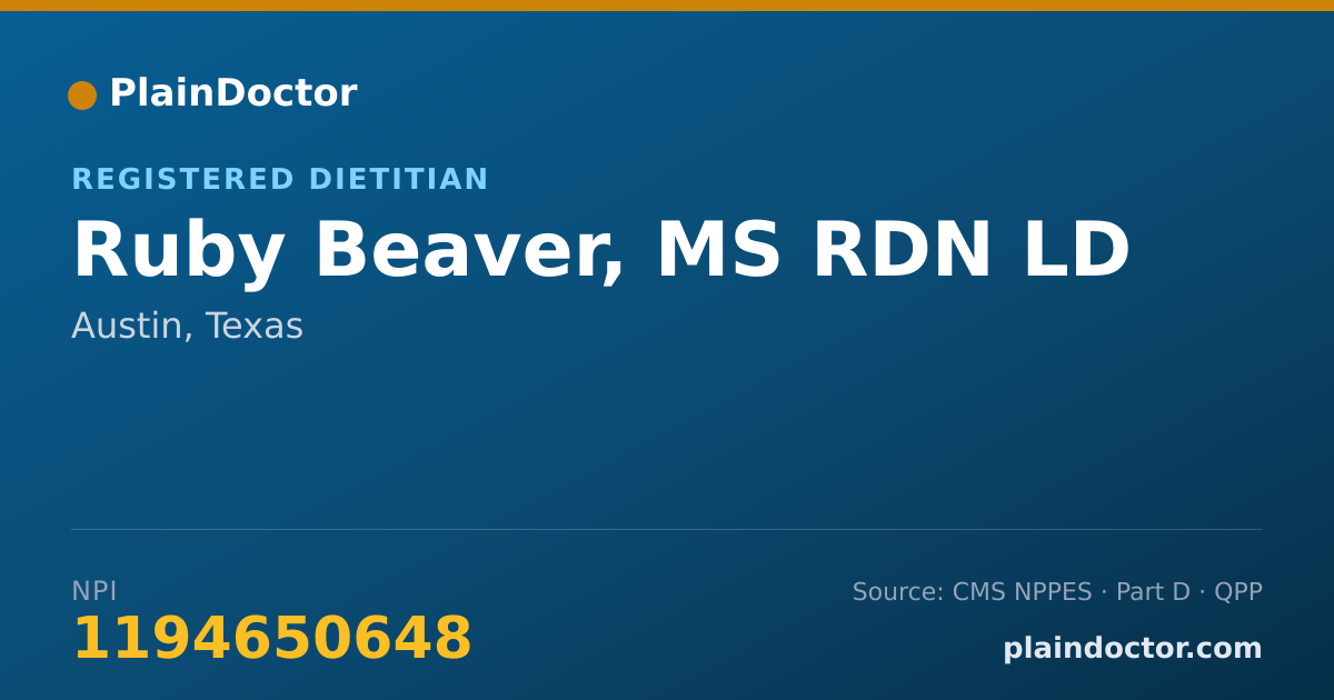 Shareable card for Ruby Beaver, MS RDN LD - Registered Dietitian, Austin, TX