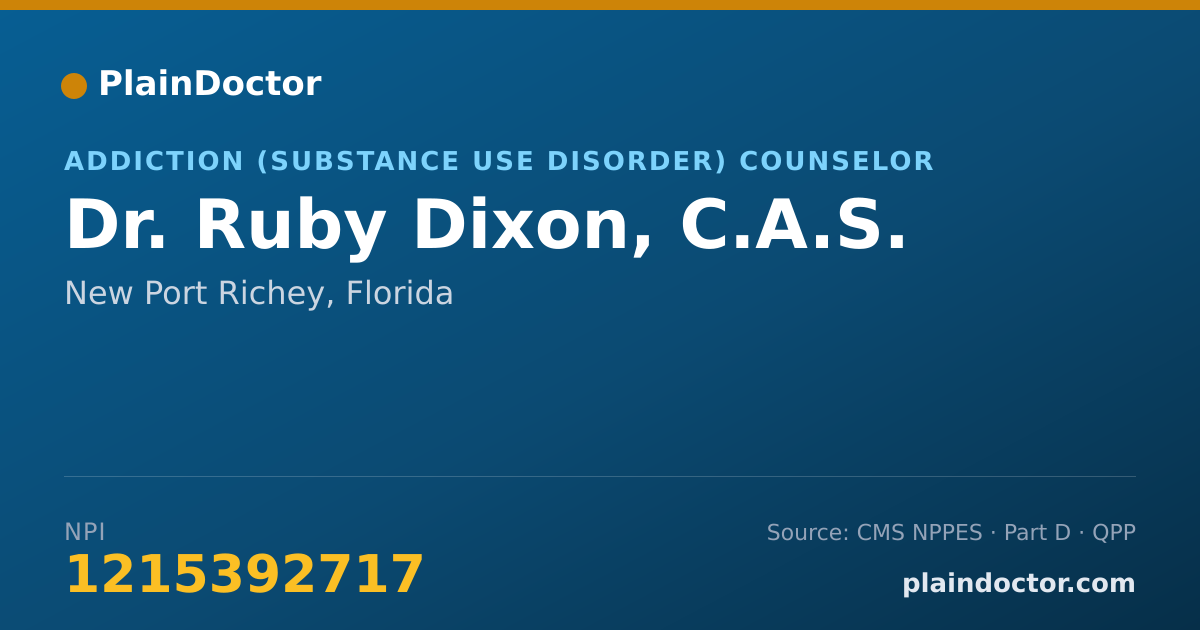 Shareable card for Ruby Dixon, C.A.S. - Addiction (Substance Use Disorder) Counselor, New Port Richey, FL