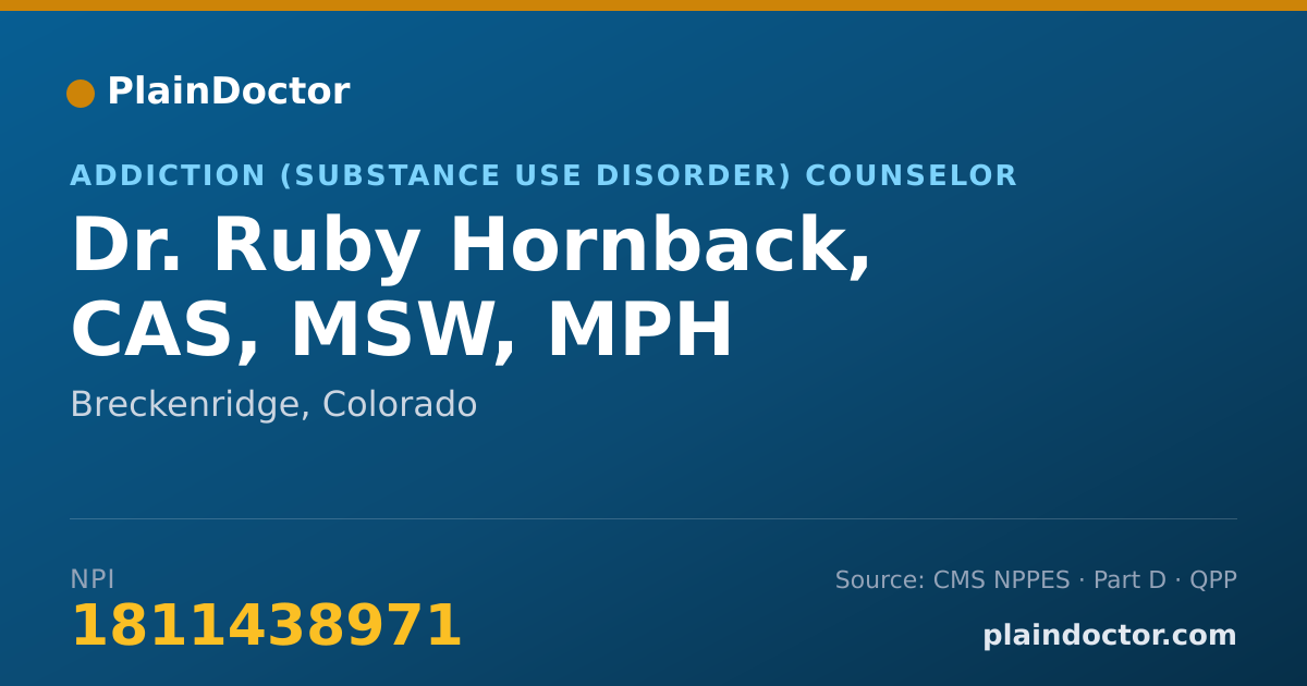 Shareable card for Ruby Hornback, CAS, MSW, MPH - Addiction (Substance Use Disorder) Counselor, Breckenridge, CO