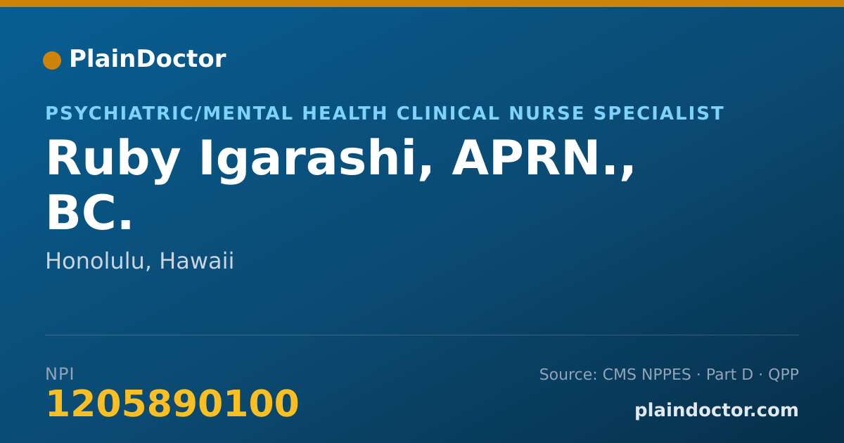 Shareable card for Ruby Igarashi, APRN., BC. - Psychiatric/Mental Health Clinical Nurse Specialist, Honolulu, HI
